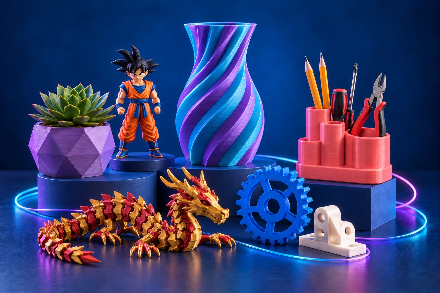 Composição ilustrativa de peças impressas em 3D: vaso bicolor azul e roxo, cachepô lilás, miniatura de Goku, organizador de ferramentas, dragão vermelho e dourado e engrenagem azul