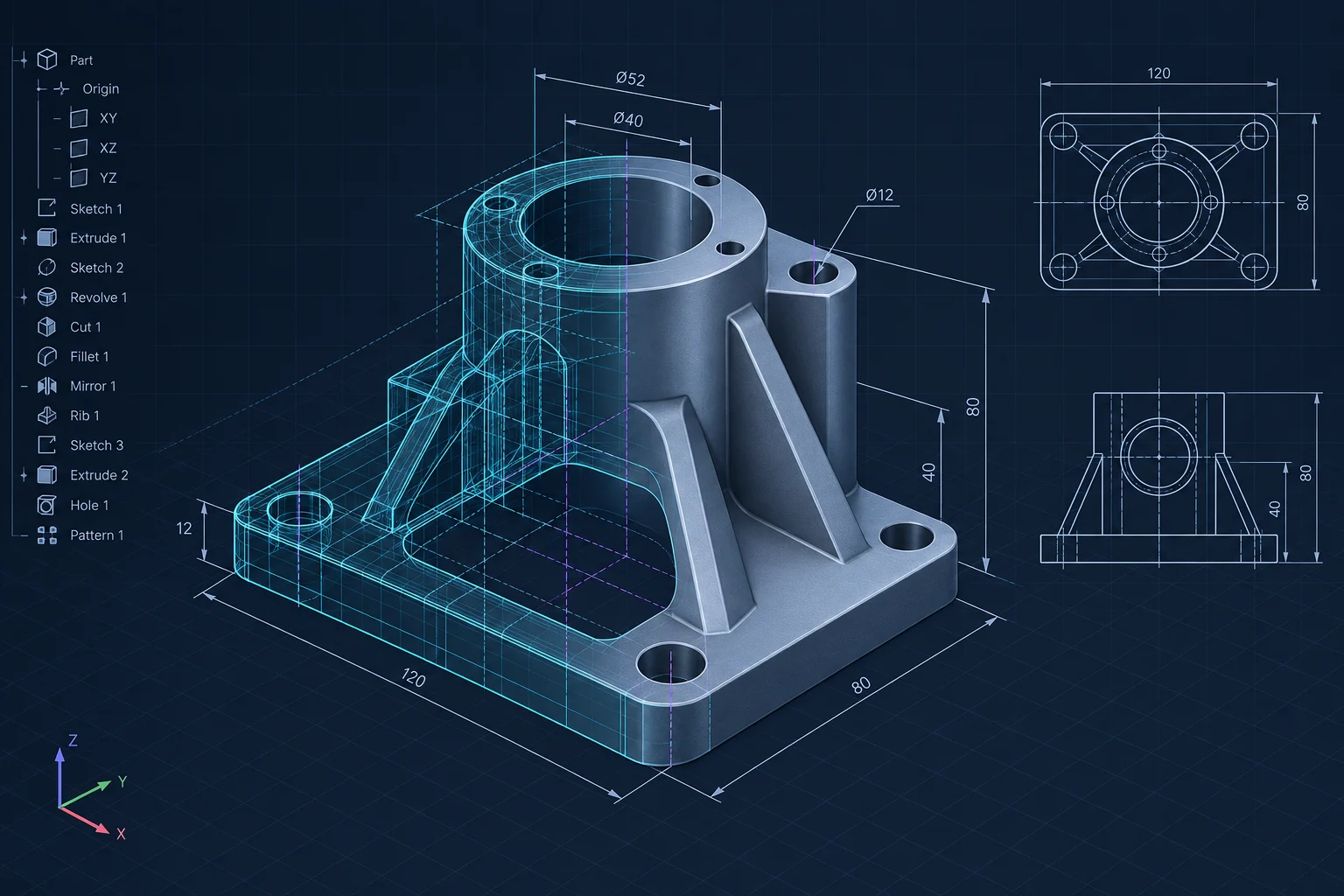 Ilustração CAD de suporte mecânico com cotas, vistas técnicas e transição de wireframe para sólido